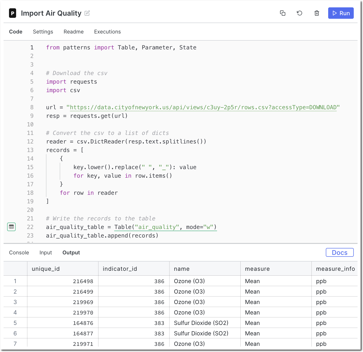 csv node code and data table