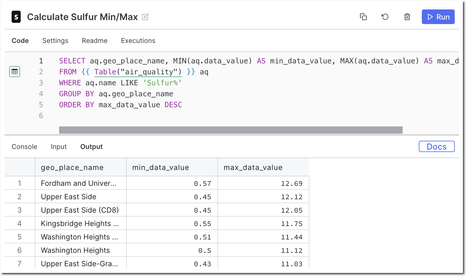 minmax node code and data table